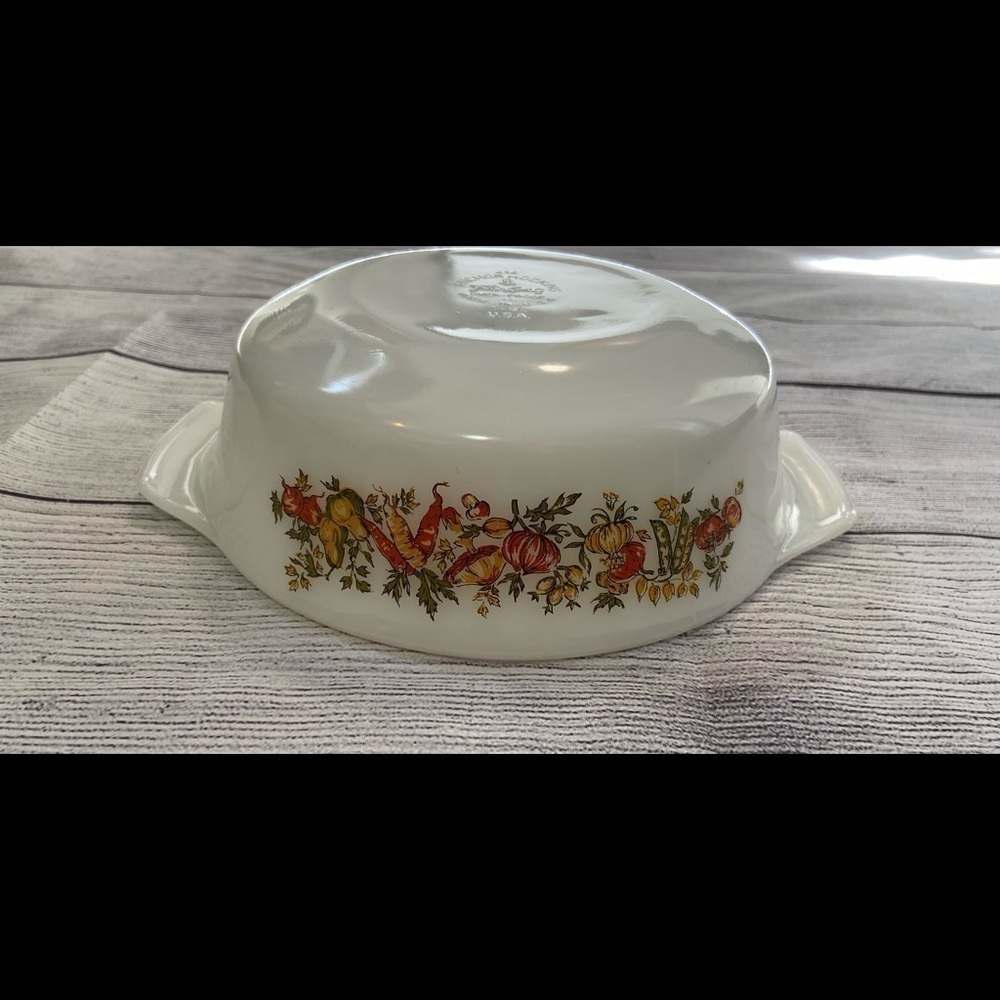 Vintage Anchor Hocking Fire King  1 QT Glass Dish Vegetable Print White Green